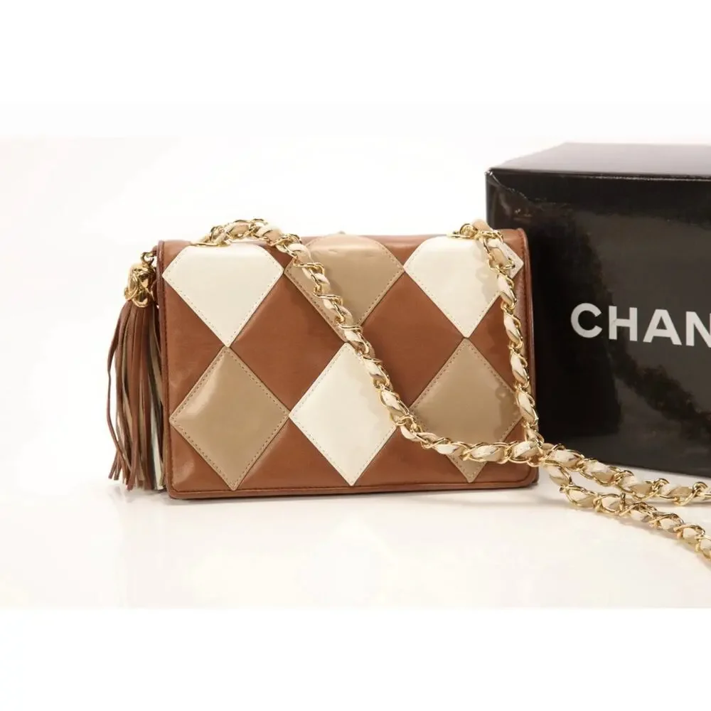 Chanel VINTAGE Arlequin Patchwork Tassel Flap Bag Brown Box Card 1-Series A1700